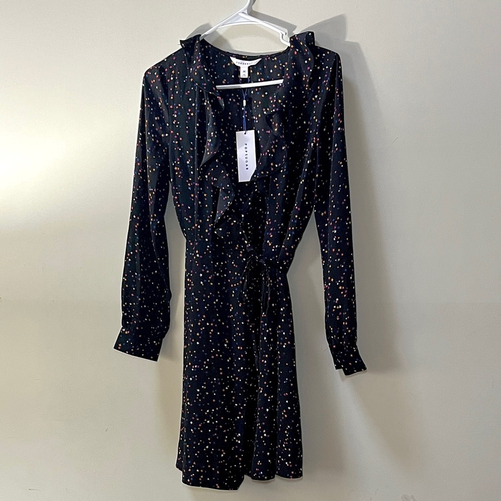 Black Full Wrap Dress with Colorful Star Print